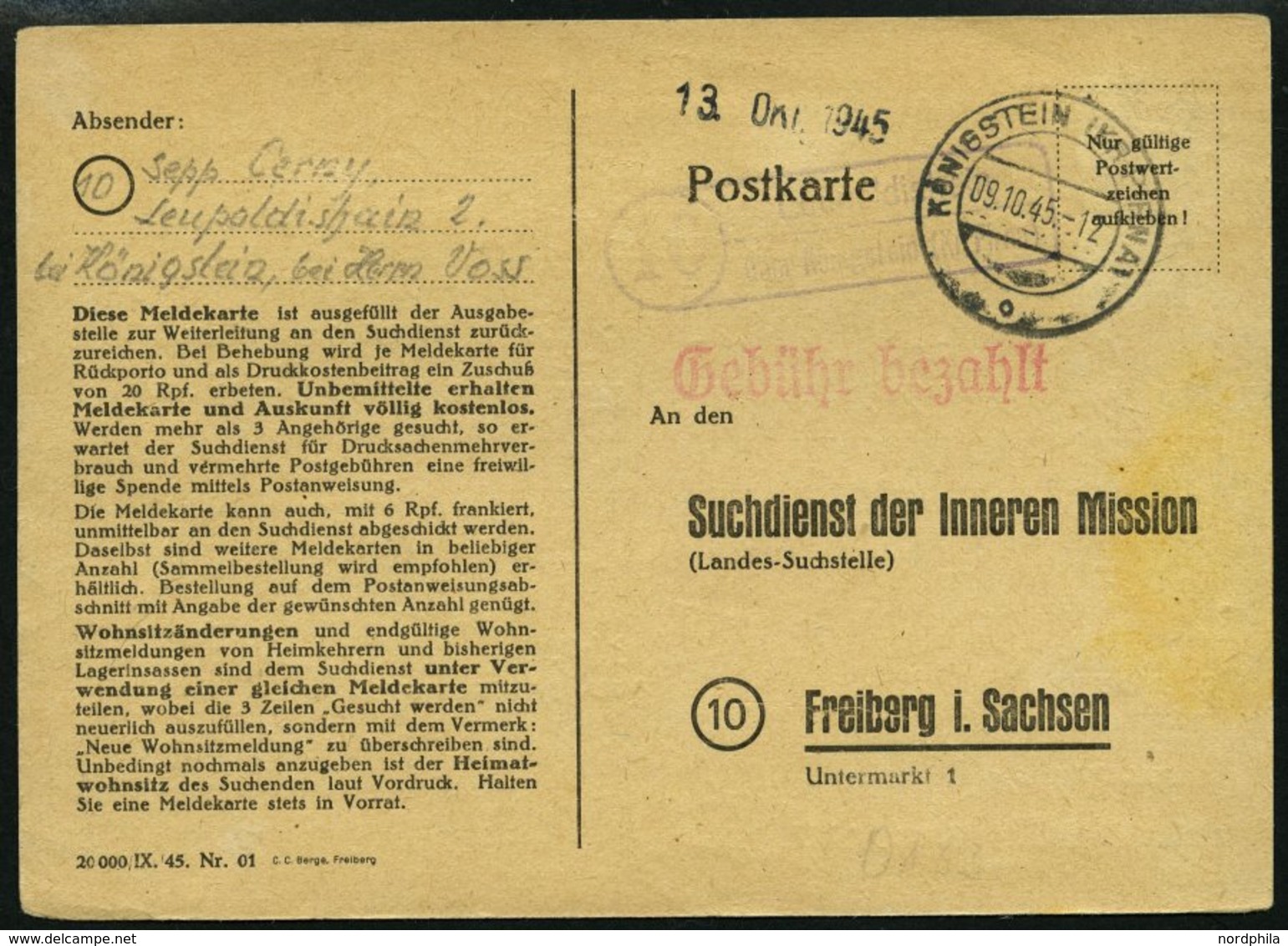 ALL. BES. GEBÜHR BEZAHLT KÖNIGSTEIN (KR PIRNA), 9.10.45, Roter L1 Gebühr Bezahlt Auf Suchdienstkarte, Feinst - Sonstige & Ohne Zuordnung