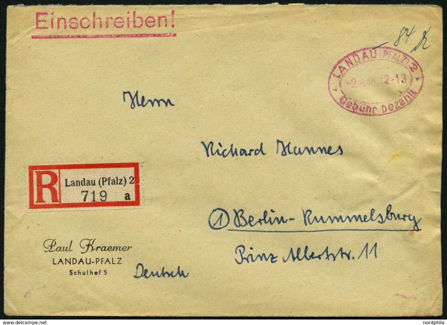 ALL. BES. GEBÜHR BEZAHLT LANDAU (PFALZ), 2.8.46, Roter Ellipsenstempel Gebühr Bezahlt, Handschriftlich 84 Pf., Auf Einsc - Sonstige & Ohne Zuordnung