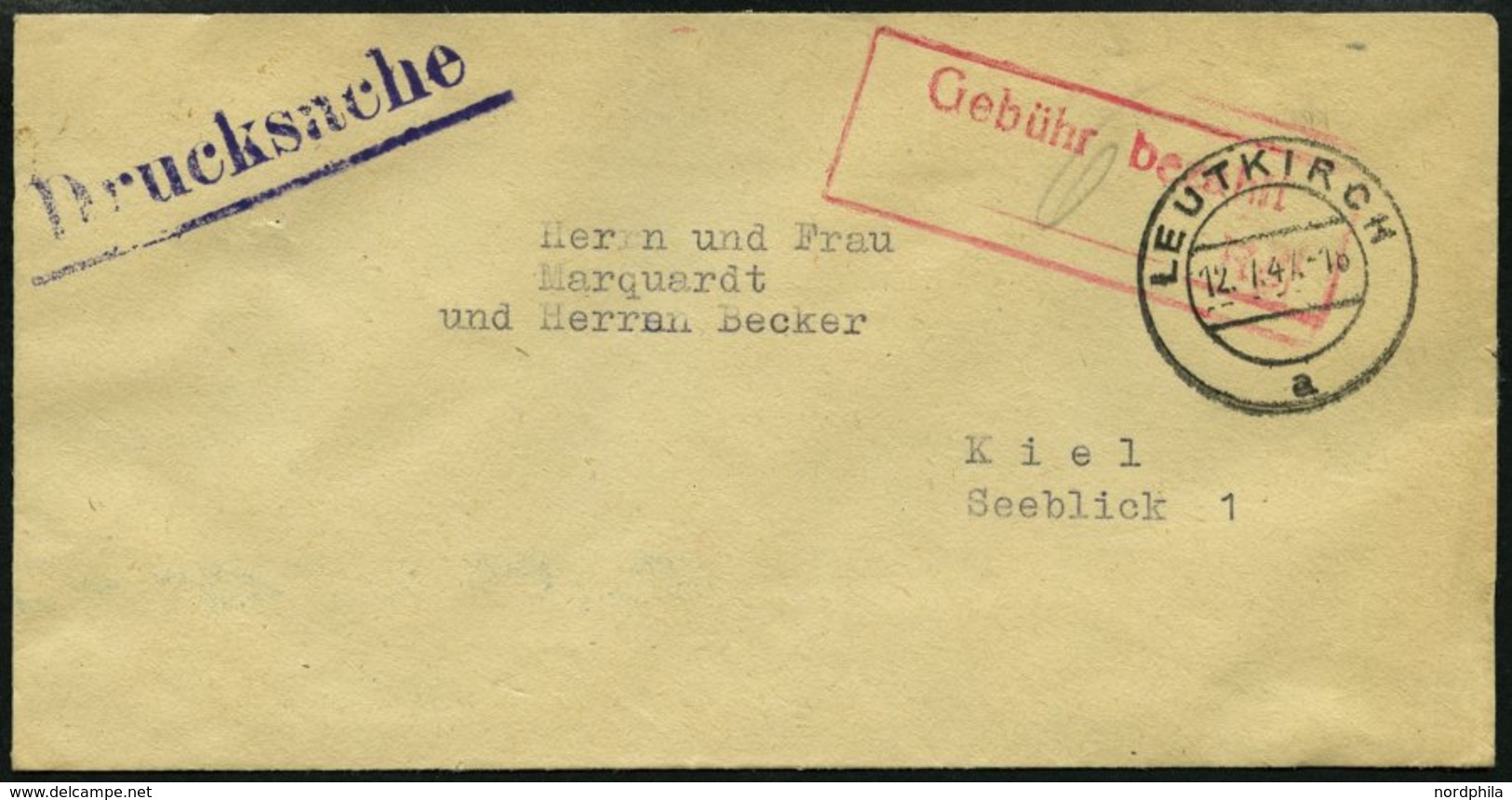 ALL. BES. GEBÜHR BEZAHLT LEUTKIRCH, 12.1.47, Roter R2 Gebühr Bezahlt/6 Rpf Auf Drucksachenumschlag, Pracht - Sonstige & Ohne Zuordnung