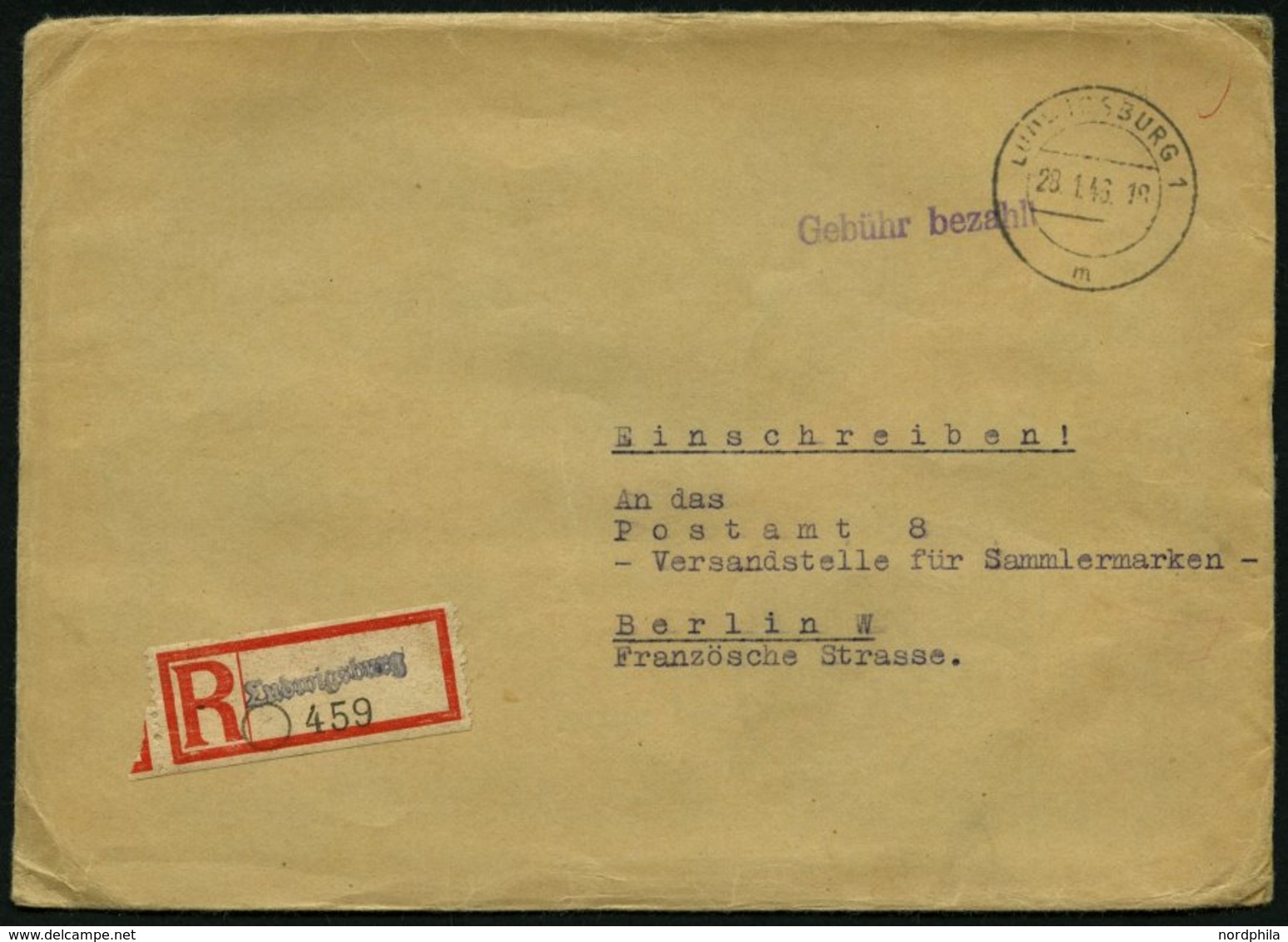 ALL. BES. GEBÜHR BEZAHLT LUDWIGSBURG 1, 28.1.46, Violetter L1 Gebühr Bezahlt, Einschreibbrief, Feinst - Sonstige & Ohne Zuordnung