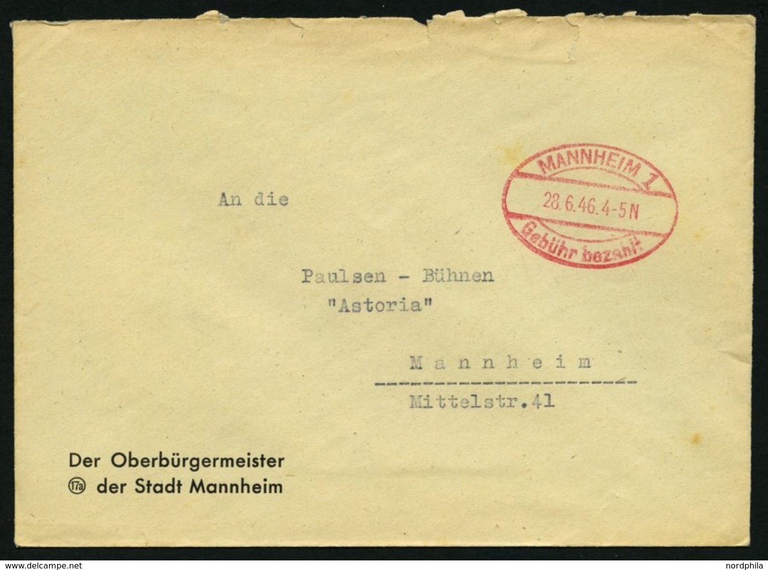 ALL. BES. GEBÜHR BEZAHLT MANNHEIM 1 Gebühr Bezahlt, 28.6.46, Roter Ellipsenstempel, Auf Prachtbrief - Sonstige & Ohne Zuordnung