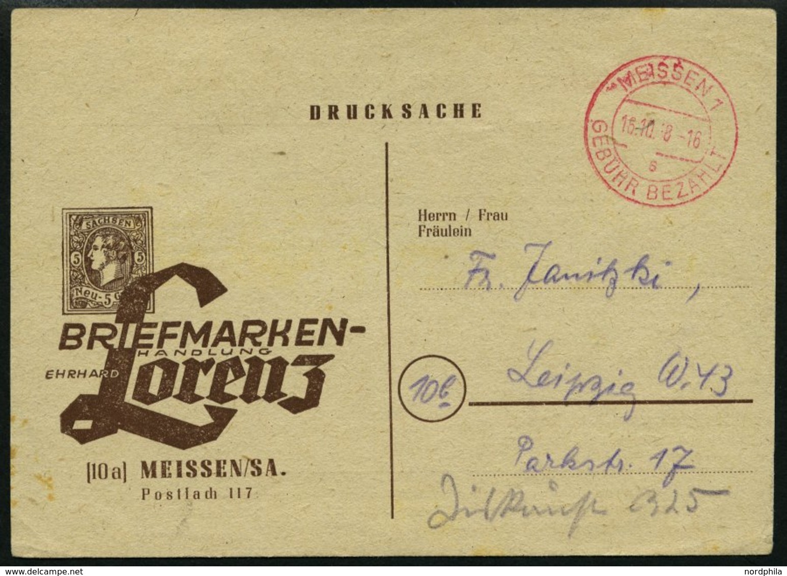 ALL. BES. GEBÜHR BEZAHLT MEISSEN 1 Gebühr Bezahlt, 15.10.48, Roter K2 Auf Werbepostkarte, Pracht - Sonstige & Ohne Zuordnung