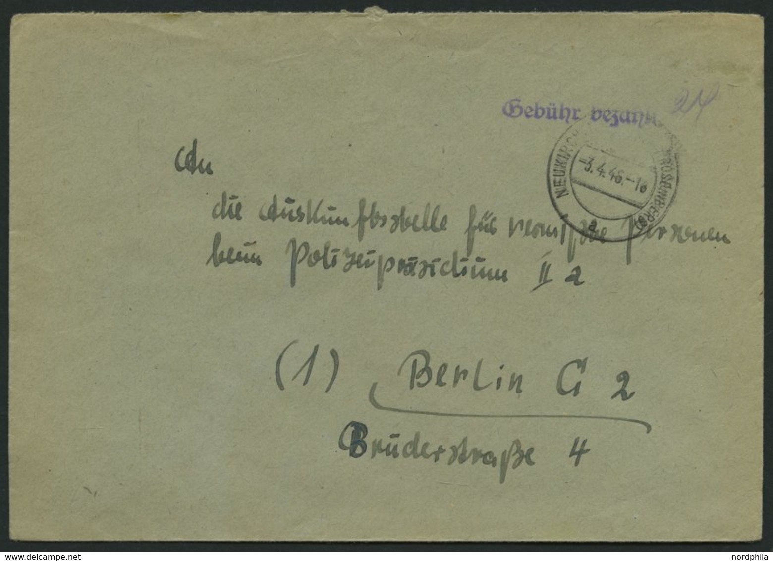 ALL. BES. GEBÜHR BEZAHLT NEUKIRCHEN (SULZBACH-ROSENBERG), 3.4.46, R1 Gebühr Bezahlt, Handschriftlich 24, Brief Feinst - Sonstige & Ohne Zuordnung