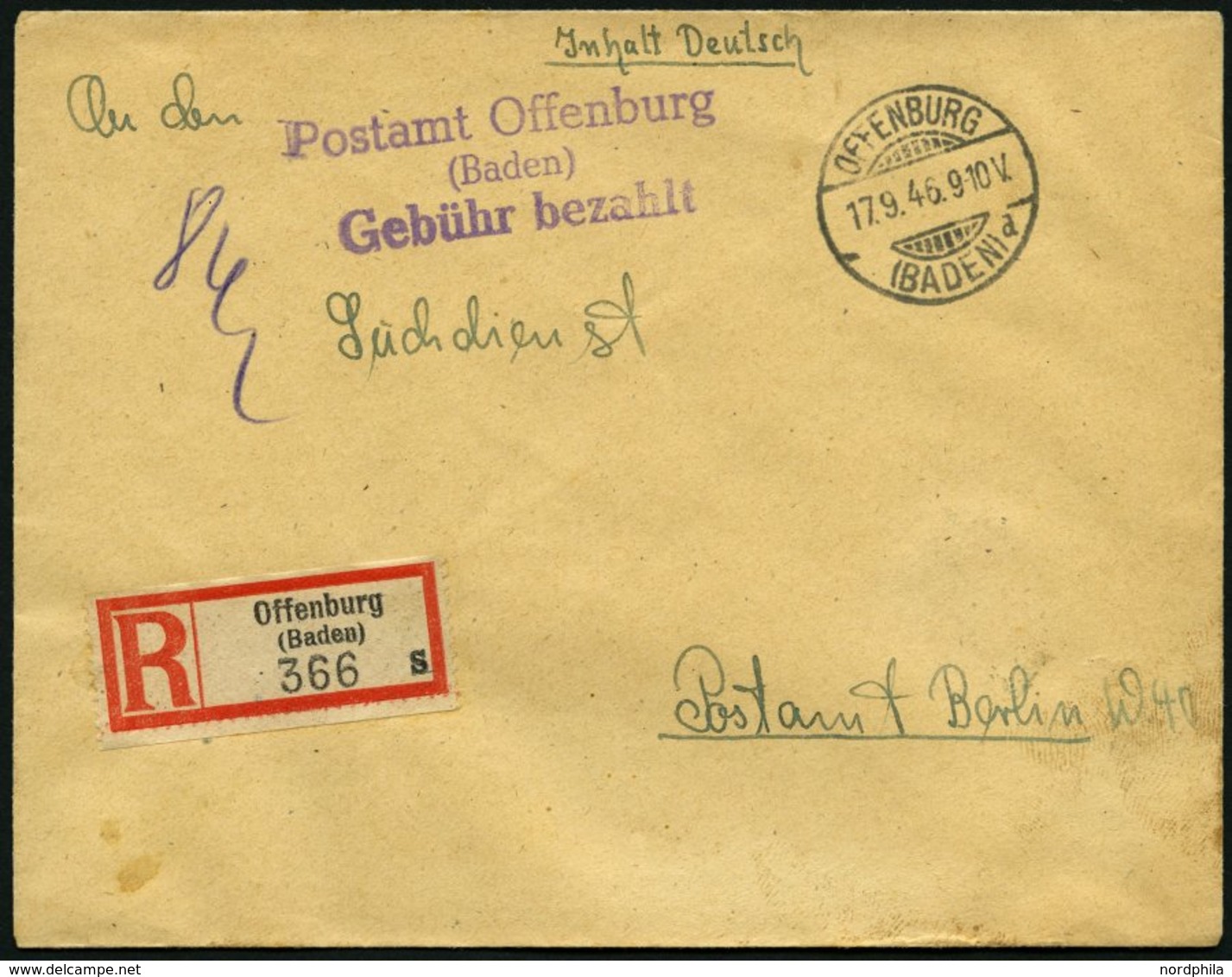 ALL. BES. GEBÜHR BEZAHLT OFFENBURG (BADEN), 17.9.46, Violetter L3 Postamt Offenburg (Baden) Gebühr Bezahlt Auf Einschrei - Sonstige & Ohne Zuordnung