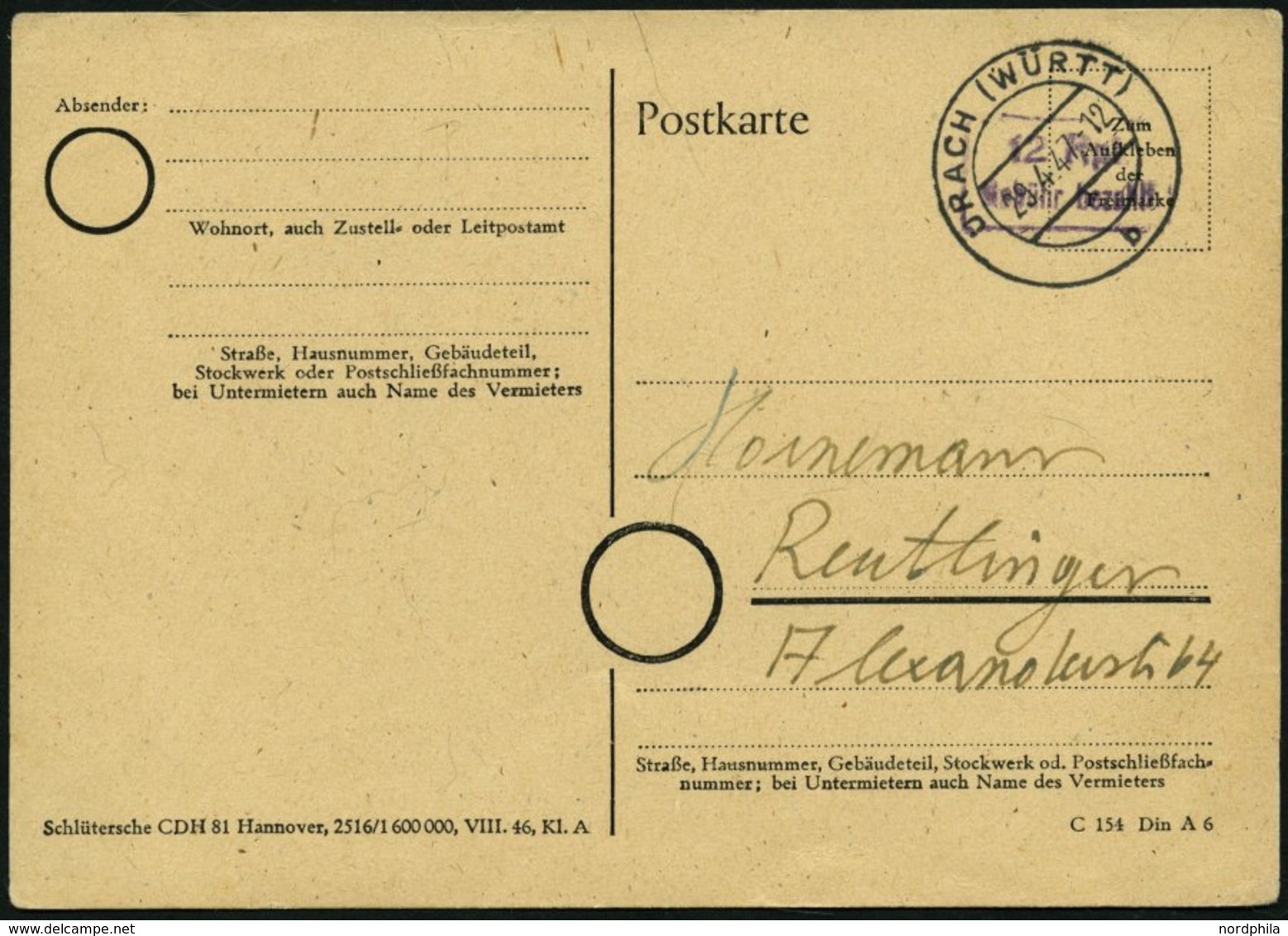 ALL. BES. GEBÜHR BEZAHLT URACH (WÜRTT), 29.4.47, Violetter L2 12 Rpf. Gebühr Bezahlt, Prachtkarte - Sonstige & Ohne Zuordnung