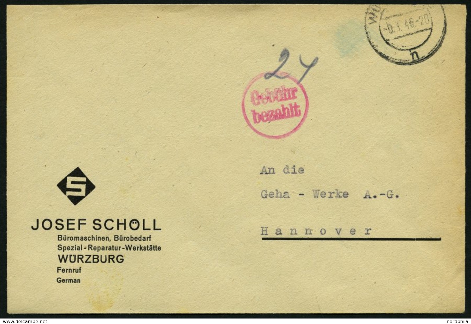 ALL. BES. GEBÜHR BEZAHLT WÜRZBURG, 9.1.46, Handschriftlich 24, Roter K1 Gebühr Bezahlt, Prachtbrief - Sonstige & Ohne Zuordnung