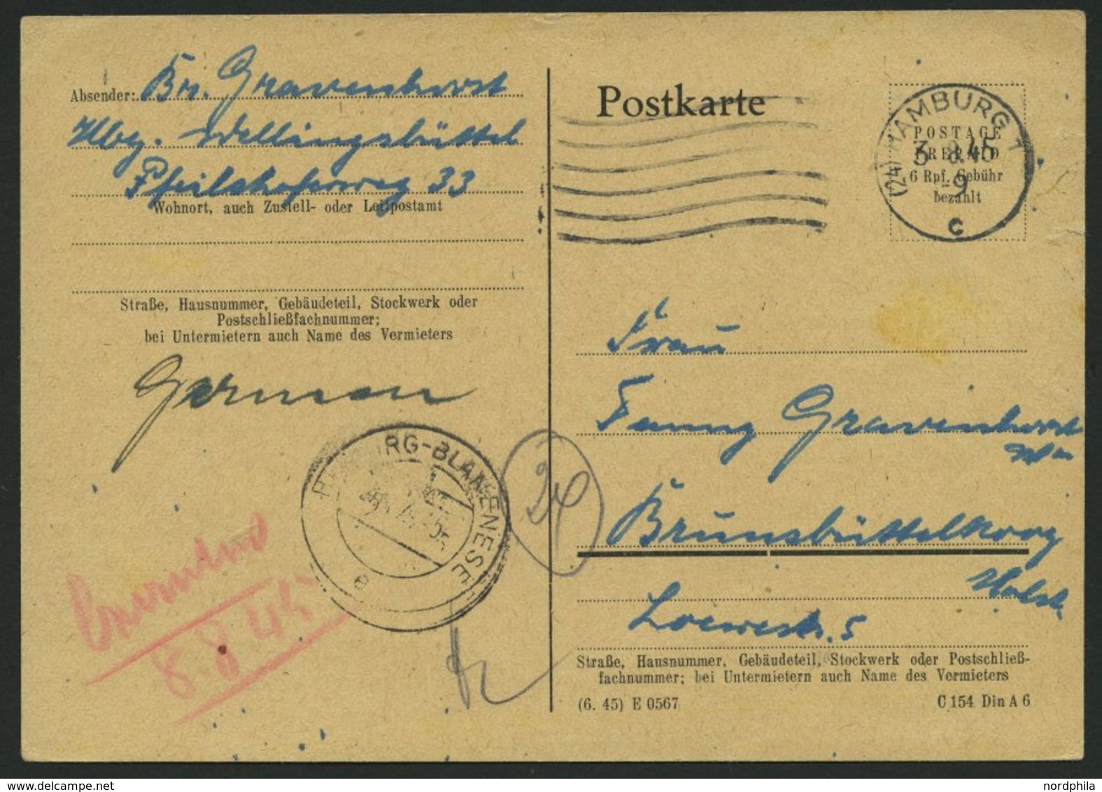 ALL. BES. AUFBRAUCHAUSGABEN P 710 BRIEF, 1945, 6 Pf. Schwarz Auf Hellsämisch, Stempel HAMBURG 1c, Kontrollstempel HAMBUR - Autres & Non Classés