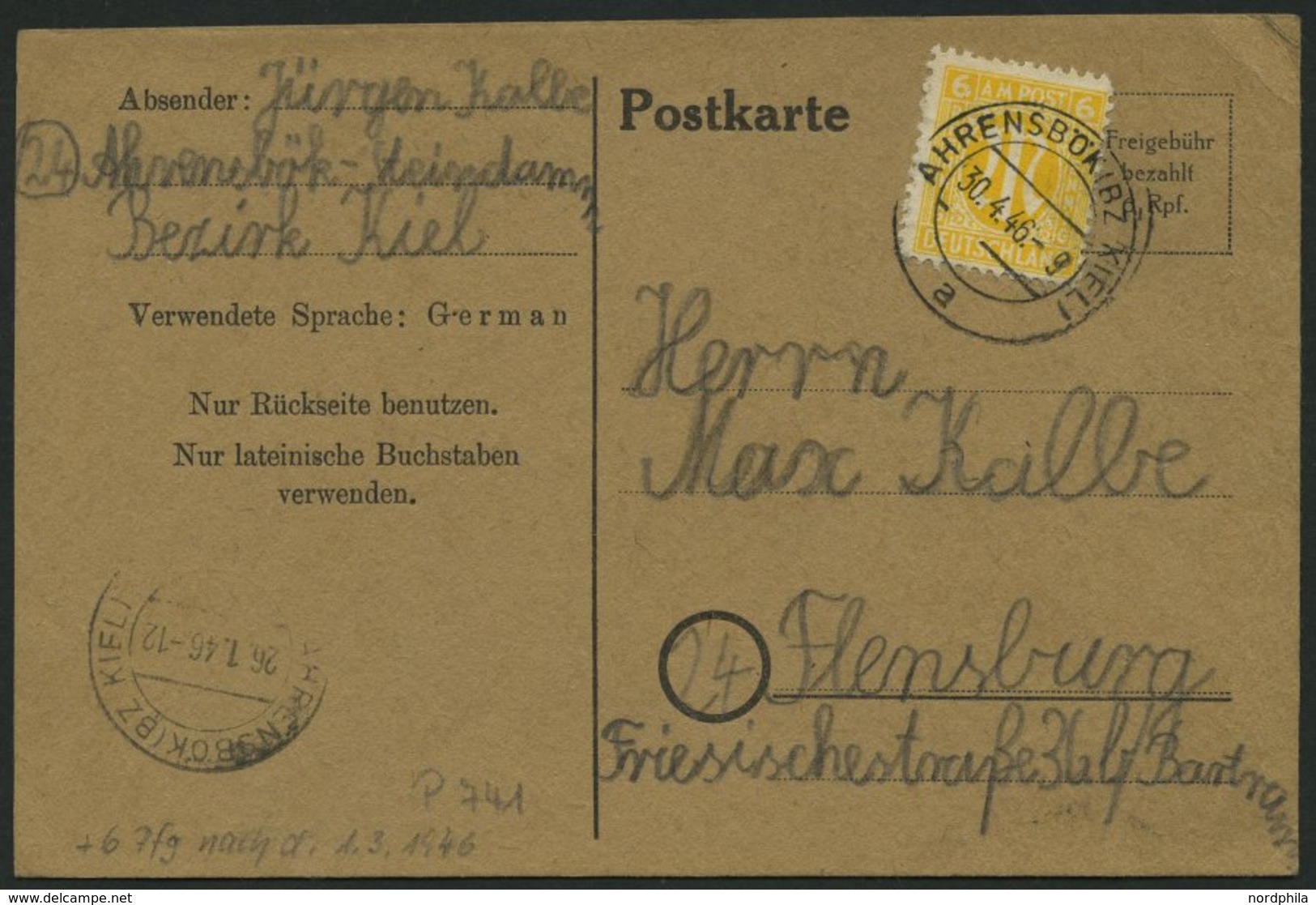 ALL. BES. AUFBRAUCHAUSGABEN P 741II BRIEF, 1946, 6 Pf. Schwarz, Absender 15 Mm Lang, Mit 6 Pf. AM-Post, Prachtkarte Von  - Sonstige & Ohne Zuordnung