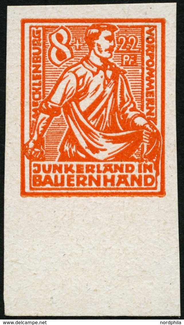 MECKLENBURG-VORPOMMERN 24PIU **, 1945, Probedruck: 8 Pf. Lebhaftorange, Gestrichenes Papier, Ungezähnt, Unterrandstück,  - Sonstige & Ohne Zuordnung