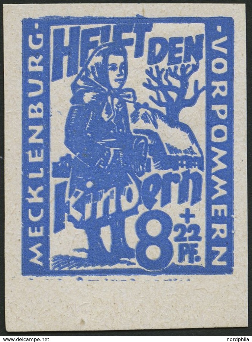 MECKLENBURG-VORPOMMERN 27aDDU **, 1945, 8 Pf. Hellultramarin Kinderhilfe, Doppeldruck, Ungezähnt, Pracht, Gepr. Kramp, M - Sonstige & Ohne Zuordnung