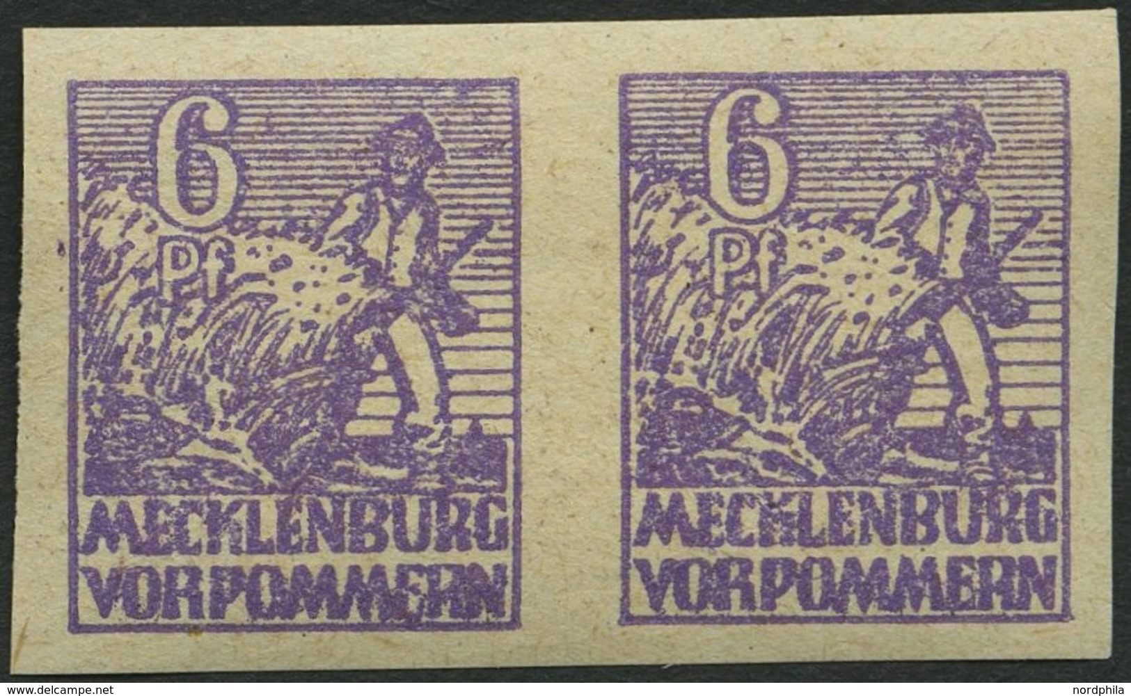 MECKLENBURG-VORPOMMERN 33yeU Paar **, 1946, 6 Pf. Grauviolett, Graues Papier, Ungezähnt, Im Waagerechten Paar, Rückseiti - Sonstige & Ohne Zuordnung