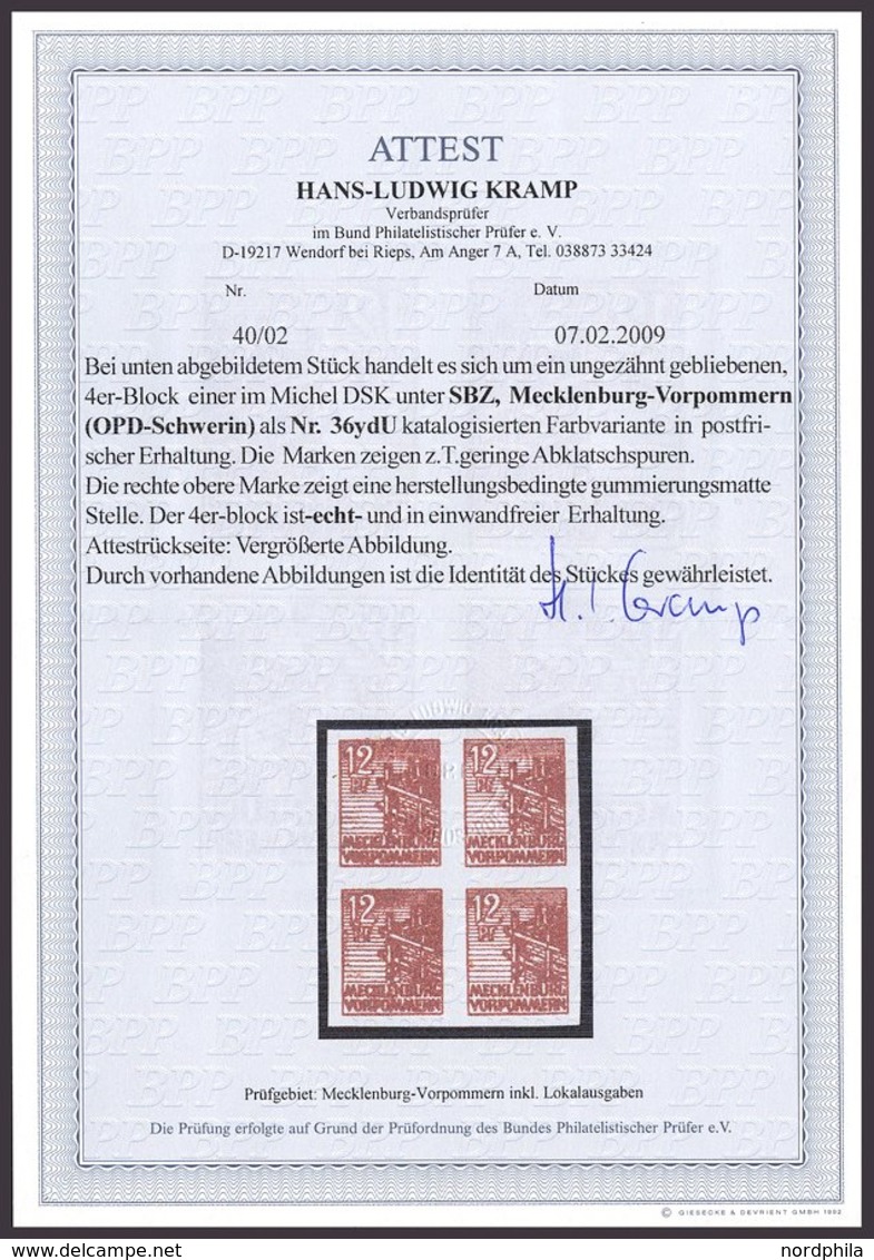 MECKLENBURG-VORPOMMERN 36ydU VB **, 1946, 12 Pf. Braunrot, Graues Papier, Ungezähnt, Im Viererblock, Pracht, R!, Fotoatt - Sonstige & Ohne Zuordnung