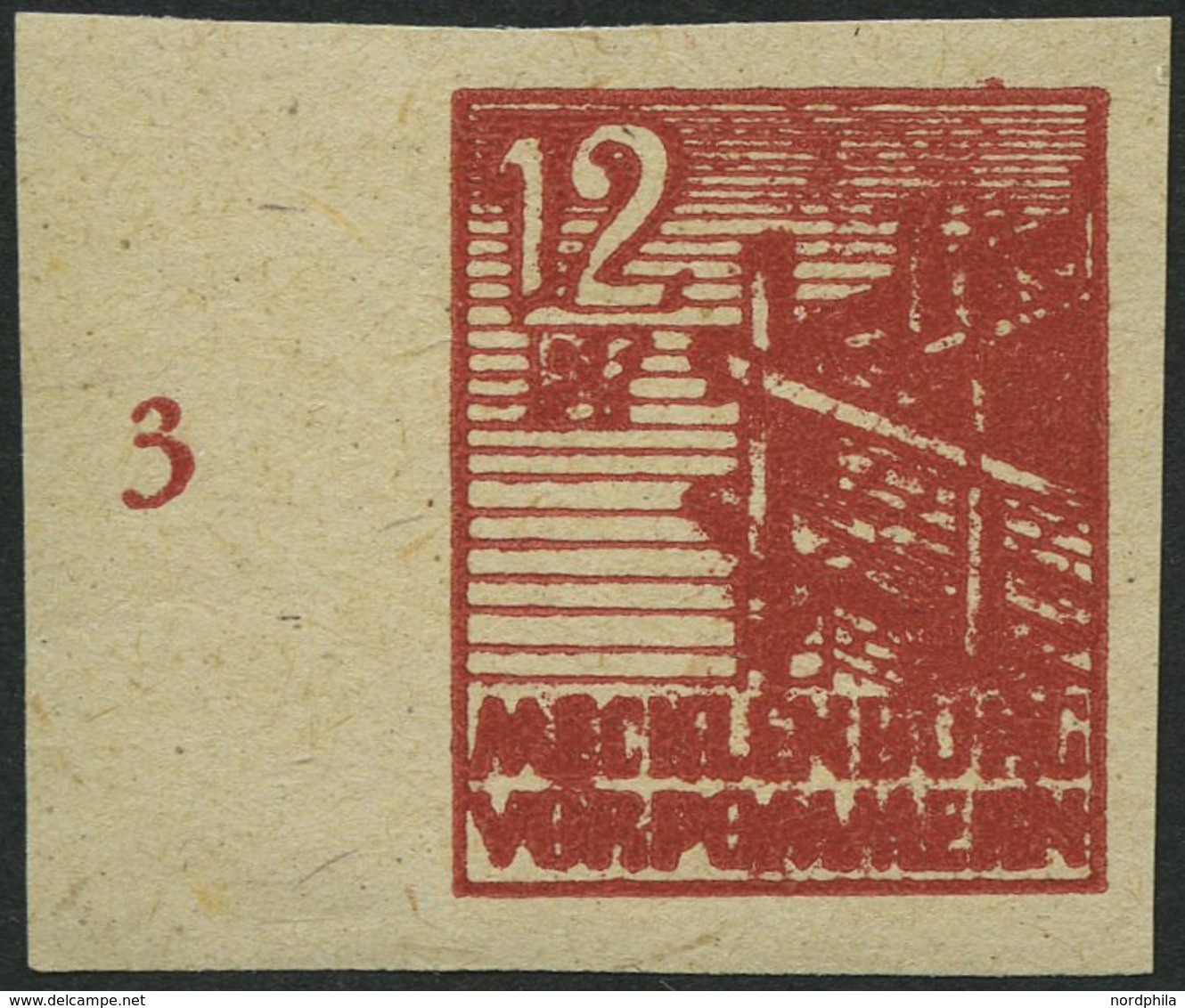 MECKLENBURG-VORPOMMERN 36ydU **, 1946, 12 Pf. Braunrot, Graues Papier, Ungezähnt, Linkes Randstück, Pracht, Fotobefund K - Sonstige & Ohne Zuordnung