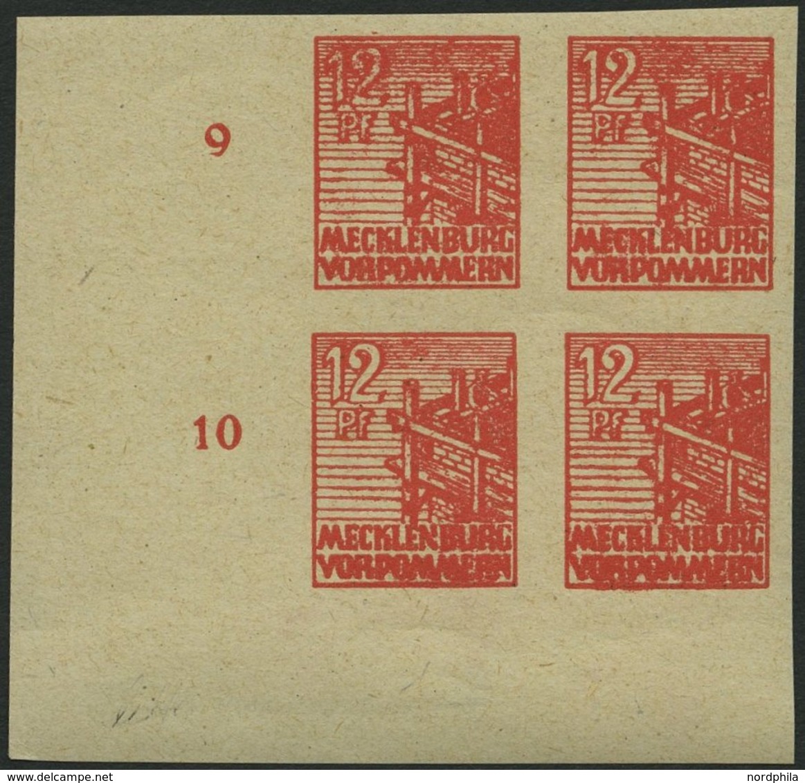 MECKLENBURG-VORPOMMERN 36yeU VB **, 1946, 12 Pf. Orangerot, Graues Papier, Ungezähnt, Im Unteren Linken Eckrandviererblo - Sonstige & Ohne Zuordnung