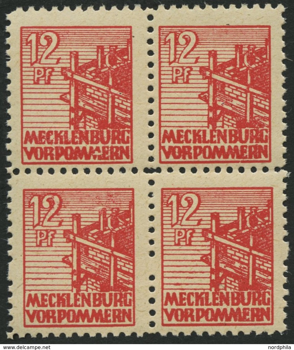 MECKLENBURG-VORPOMMERN 36zb VB **, 1946, 12 Pf. Rot, Dünnes Papier, Im Viererblock, Dabei Plattenfehler 36III, Pracht, G - Sonstige & Ohne Zuordnung