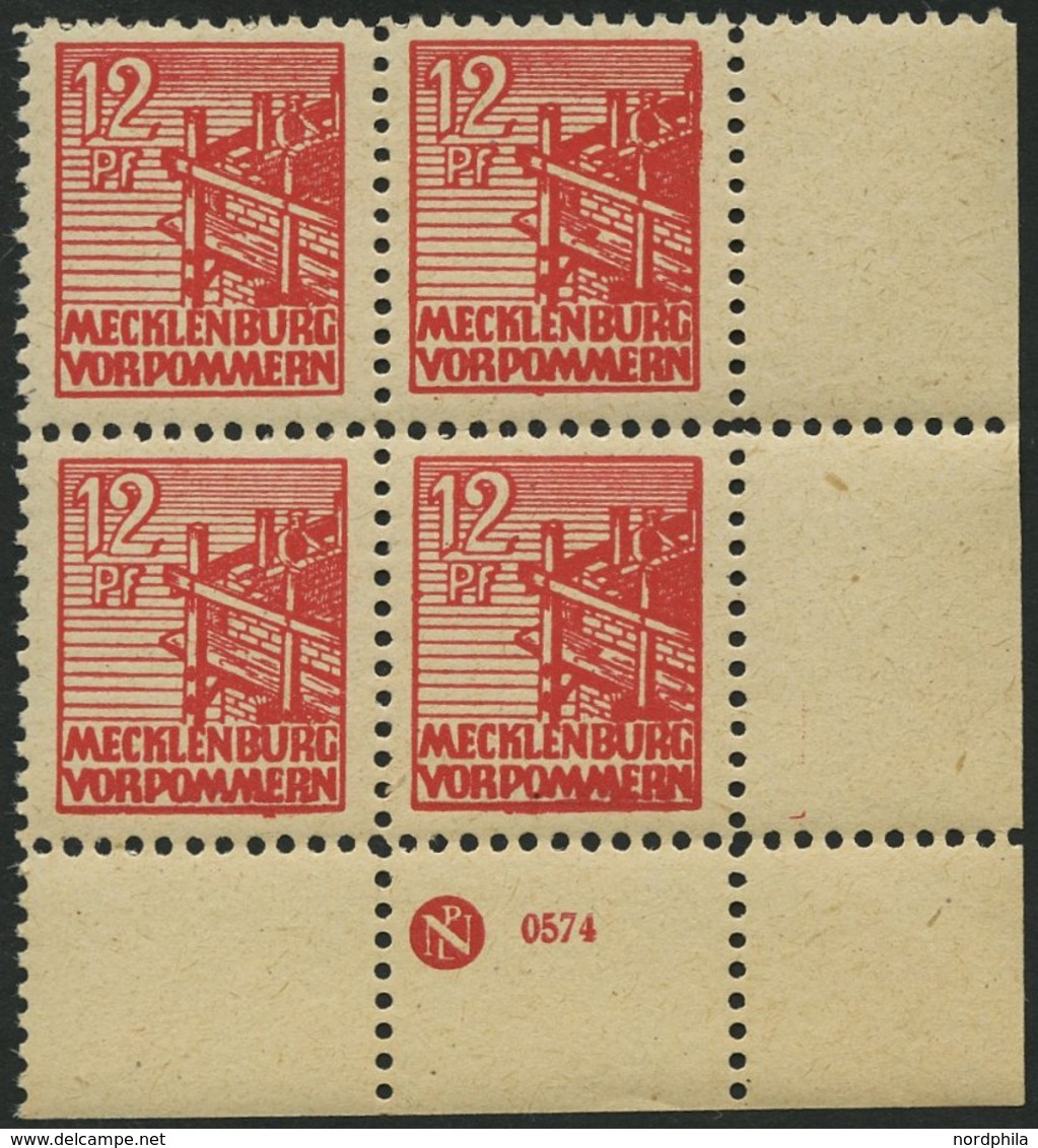 MECKLENBURG-VORPOMMERN 36zzDZ **, 1946, 12 Pf. Rot, Dünnes Papier, Diagonal Genetzte Gummmierung, Mit Druckereizeichen I - Sonstige & Ohne Zuordnung