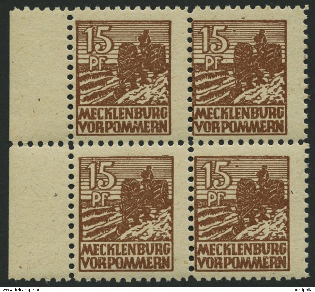 MECKLENBURG-VORPOMMERN 37yd VB **, 1946, 15 Pf. Mittelsiena, Graues Papier, Im Viererblock, Pracht, Gepr. Kramp, Mi. 320 - Sonstige & Ohne Zuordnung