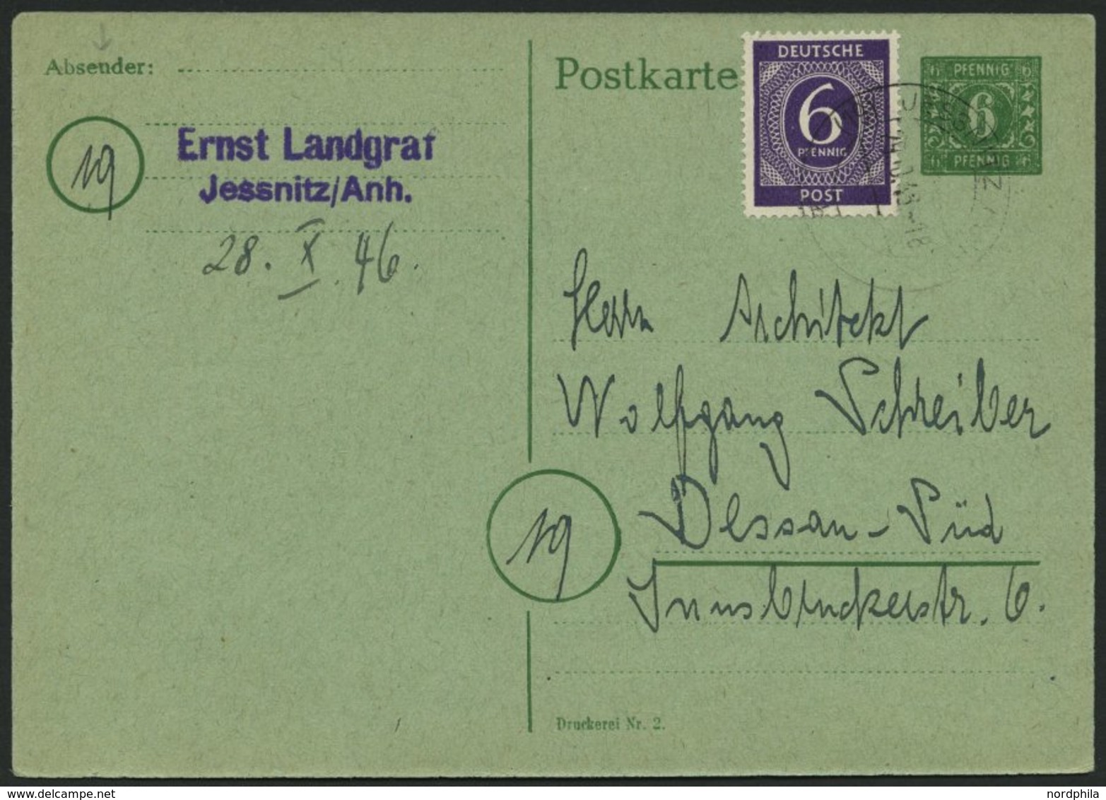 MECKLENBURG-VORPOMMERN P 6c BRIEF, Ganzsachen: 1945, 6 Pf. Blaugrün Mit 6 Pf. I. Kontrollausgabe Von JESSNITZ/ANH. Nach  - Sonstige & Ohne Zuordnung