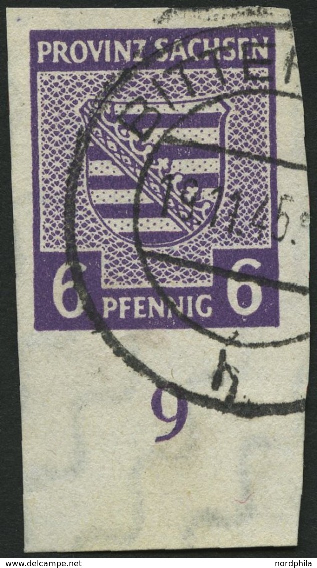 PROVINZ SACHSEN 69Xc O, 1945, 6 Pf. Dunkelgrauviolett, Wz. 1X, Unterrandstück, Pracht, Gepr. Ströh, Mi. (120.-) - Autres & Non Classés