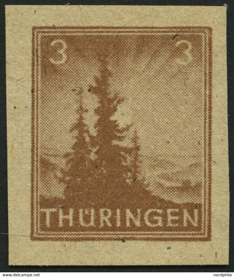 THÜRINGEN 92AYz2U **, 1946, 3 Pf. Orangebraun, Spargummierung, Dickes Papier, Fallende Papierstreifung, Ungezähnt, Prach - Sonstige & Ohne Zuordnung