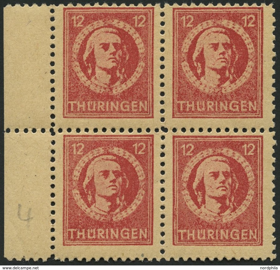 THÜRINGEN 97AXar VB **, 1945, 12 Pf. Karminrot, Vollgummierung, Hellchromgelbes Papier, Dicke Gummierung, Im Randviererb - Sonstige & Ohne Zuordnung