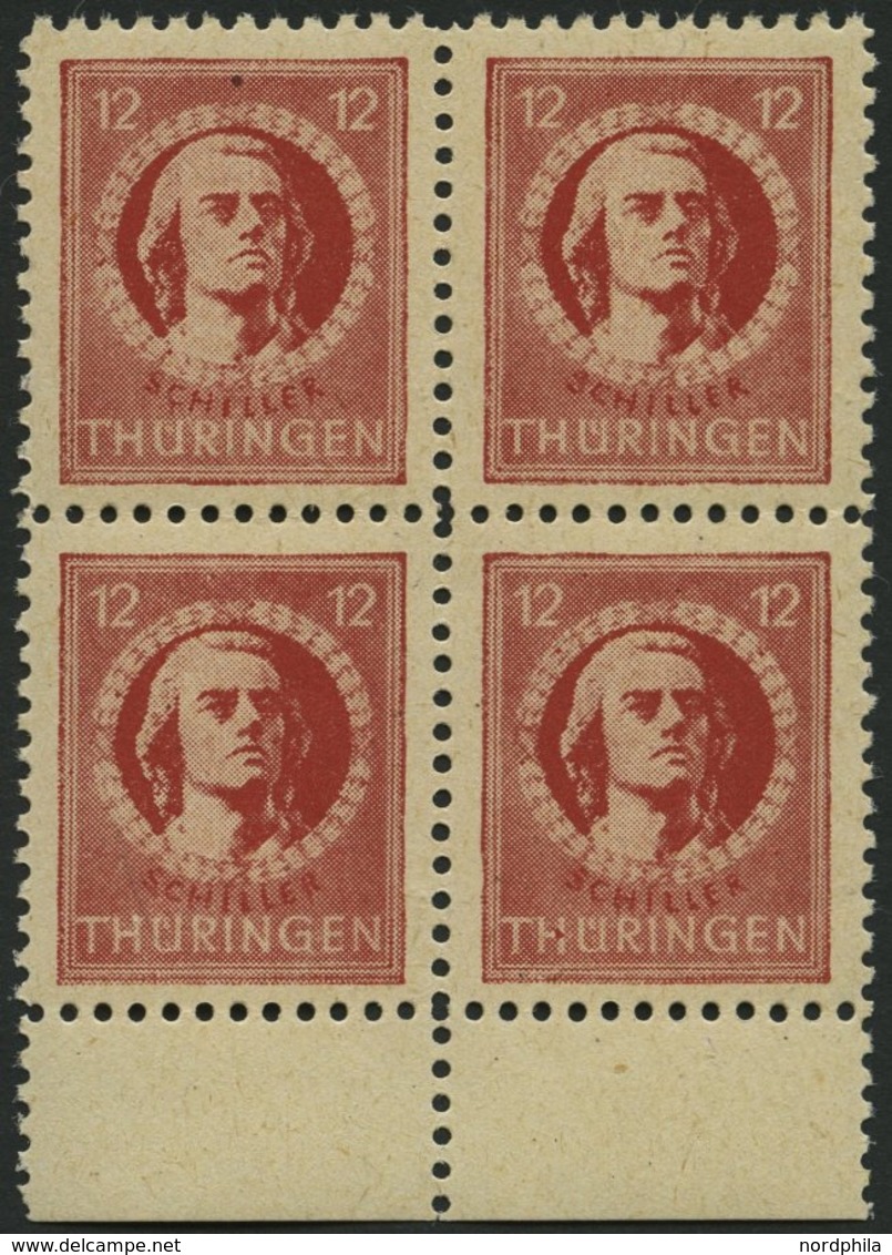 THÜRINGEN 97bt VB **, 1945, 12 Pf. Dunkelbräunlichrot, Gelblichgraues Papier, Im Randviererblock, Pracht, Gepr. Ströh, M - Autres & Non Classés