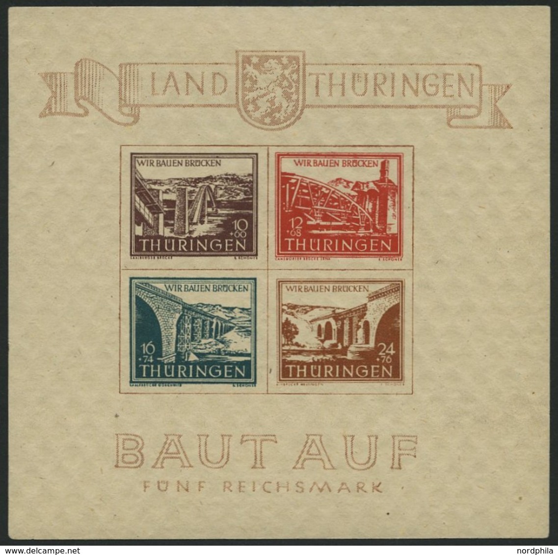 THÜRINGEN Bl. 4a **, 1946, Brückenblock, Type I, Pracht, Mi. 420.- - Sonstige & Ohne Zuordnung