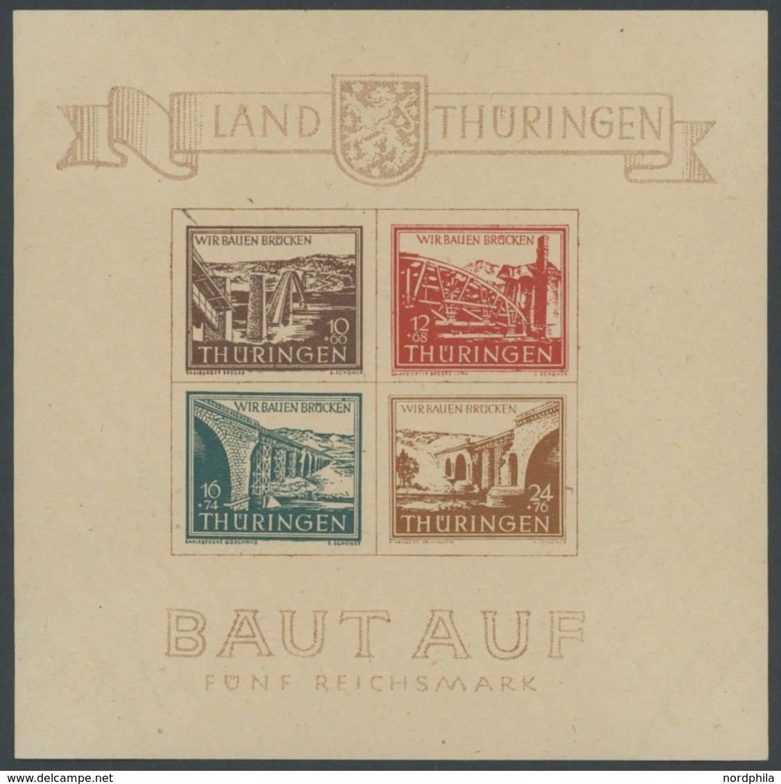 THÜRINGEN Bl. 4a **, 1946, Brückenblock, Type III, Unbedeutender Nadelstich Im Rand, Postfrisch, Pracht, Mi. 450.- - Sonstige & Ohne Zuordnung