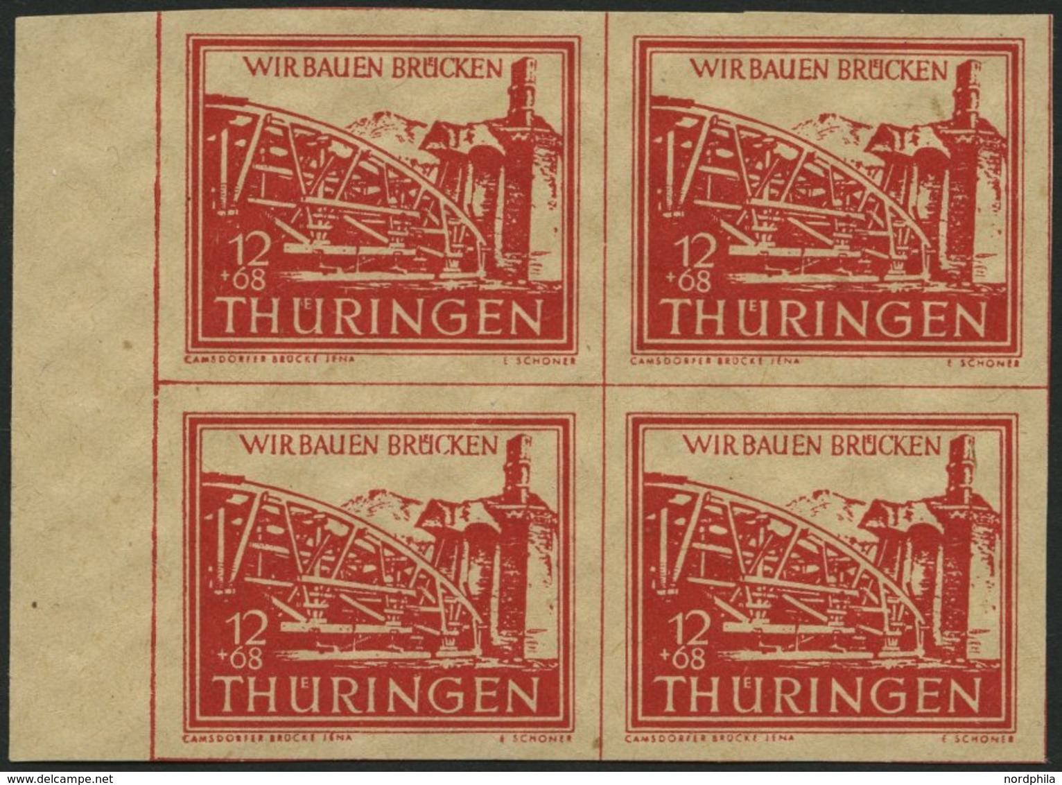 THÜRINGEN 113by VB **, 1946, 12 Pf. Rot Wiederaufbau Im Randviererblock, Pracht, Signiert Ströh, Mi. (240.-) - Altri & Non Classificati