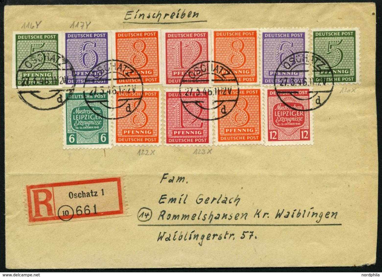 WEST-SACHSEN 120X,122/3X BRIEF, 1945, 5 , 8 Und 12 Pf. Versuchszähnung Auf überfrankiertem Einschreibbrief Mit Zusatzfra - Autres & Non Classés