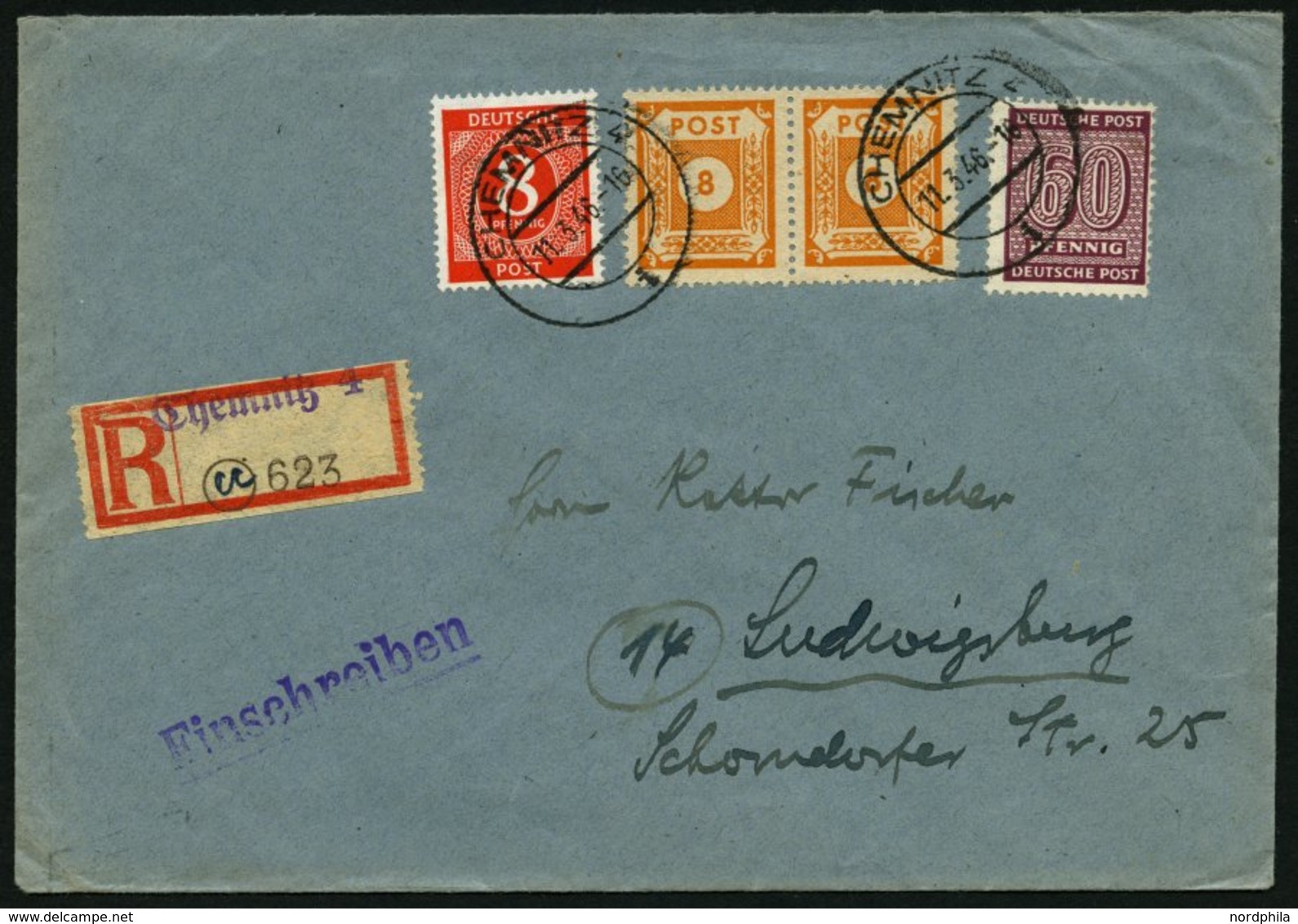 WEST-SACHSEN 137Ya BRIEF, 1945, 60 Pf. Braunkarmin, Wz. 1Y, Mit Zusatzfrankatur Auf Einschreibbrief, Normale Zähnung, Pr - Autres & Non Classés