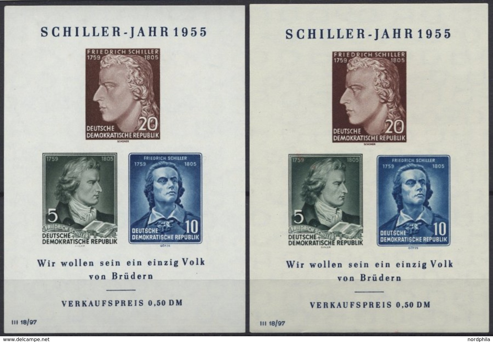 DDR Bl. 12IV **, 1955, Block Schiller Mit Abart Vorgezogener Fußstrich Bei J, Beide Wz., 2 Prachtblocks - Altri & Non Classificati