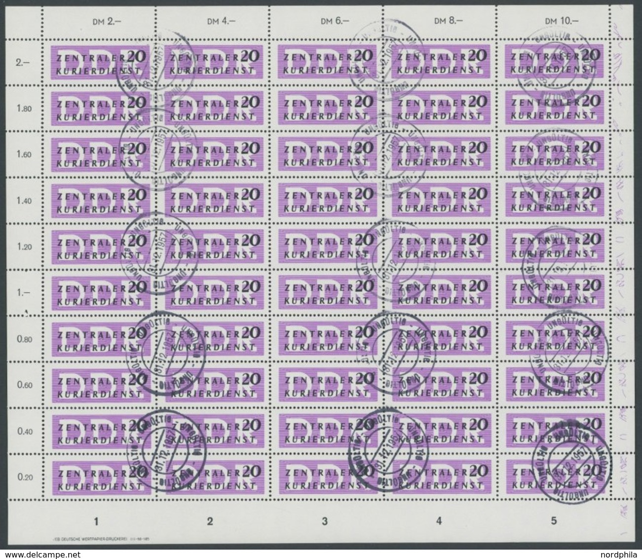 DIENSTMARKEN B D II O, Nicht Ausgegeben: 1957, 20 Pf. Mittelviolettpurpur Im Bogen (50) Mit Ungültig-Stempeln, Mit Druck - Autres & Non Classés