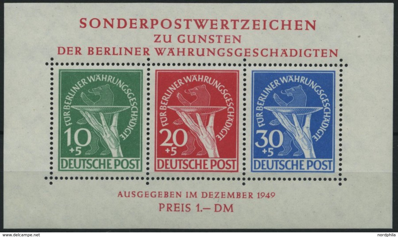 BERLIN Bl. 1III **, 1949, Block Währungsgeschädigte Mit Abart Grüner Punkt Rechts Am Handgelenk, Pracht, Mi. 2500.- - Sonstige & Ohne Zuordnung