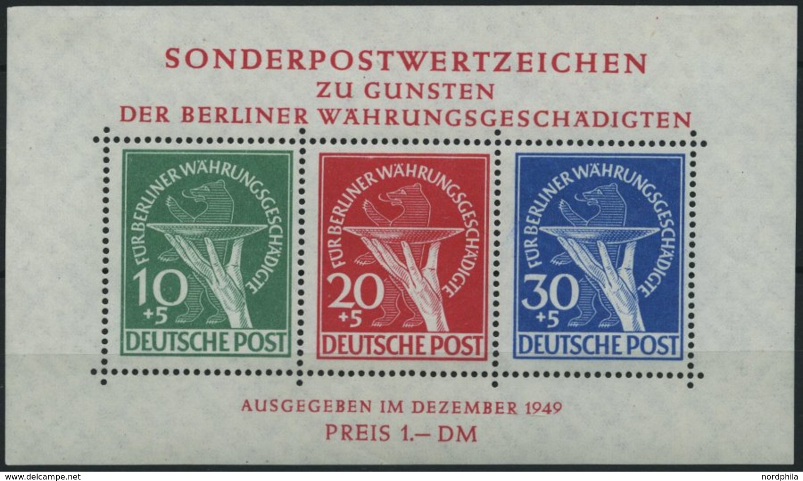 BERLIN Bl. 1III *, 1949, Block Währungsgeschädigte Mit Abart Grüner Punkt Rechts Am Handgelenk, Falzreste Im Rand, Marke - Otros & Sin Clasificación