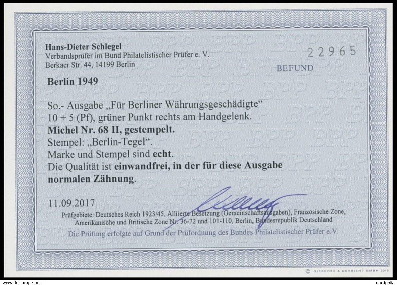 BERLIN 68II O, 1949, 10 Pf. Währungsgeschädigte Mit Abart Grüner Punkt Rechts Am Handgelenk, Normale Zähnung, Pracht, Fo - Autres & Non Classés