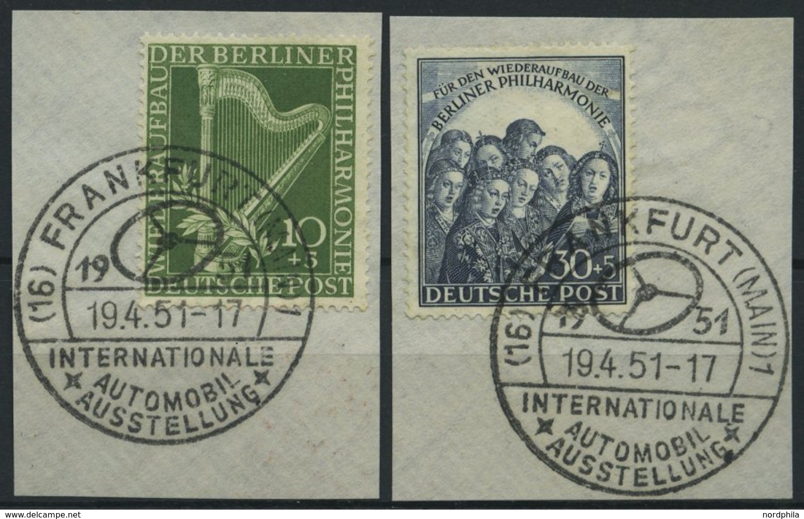 BERLIN 72/3 BrfStk, 1950, Philharmonie, Sonderstempel Frankfurt-IAA, 2 Prachtbriefstücke, Mi. 130.- - Sonstige & Ohne Zuordnung