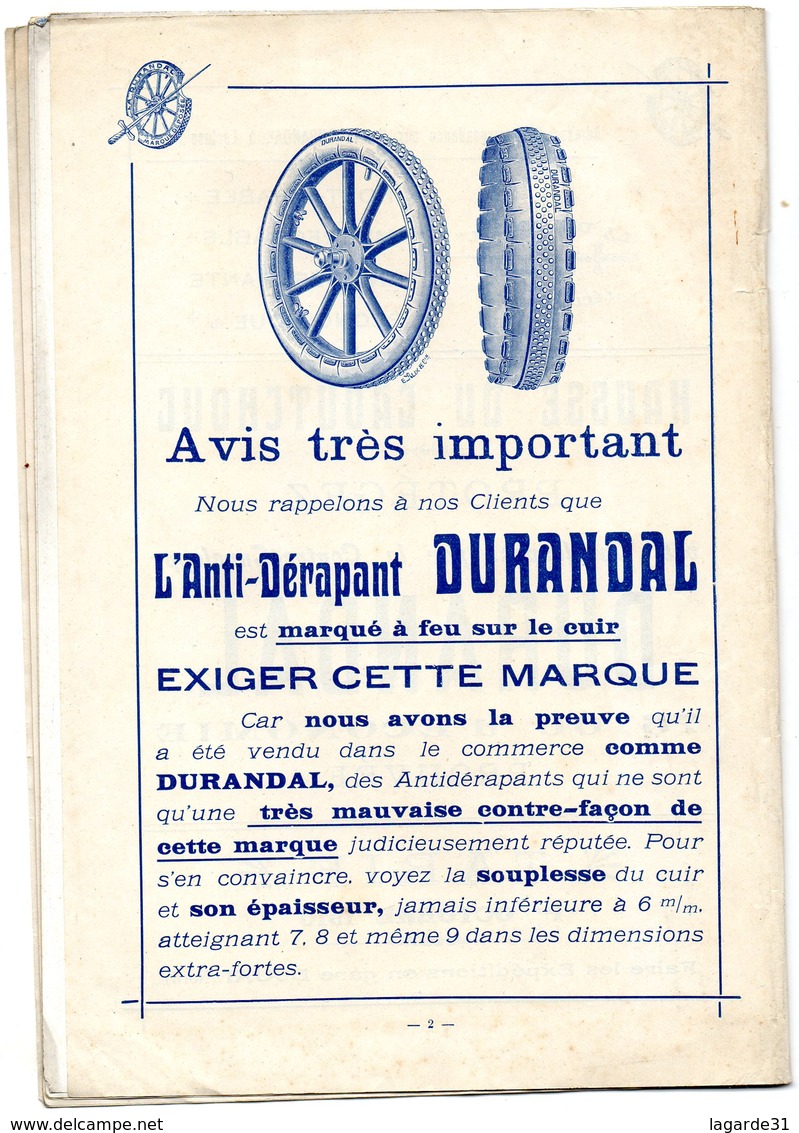 Catalogue Tarifs 1908 Pneumatiques DURANDAL - Pneu Automobile RARE 22 Pages - Coches