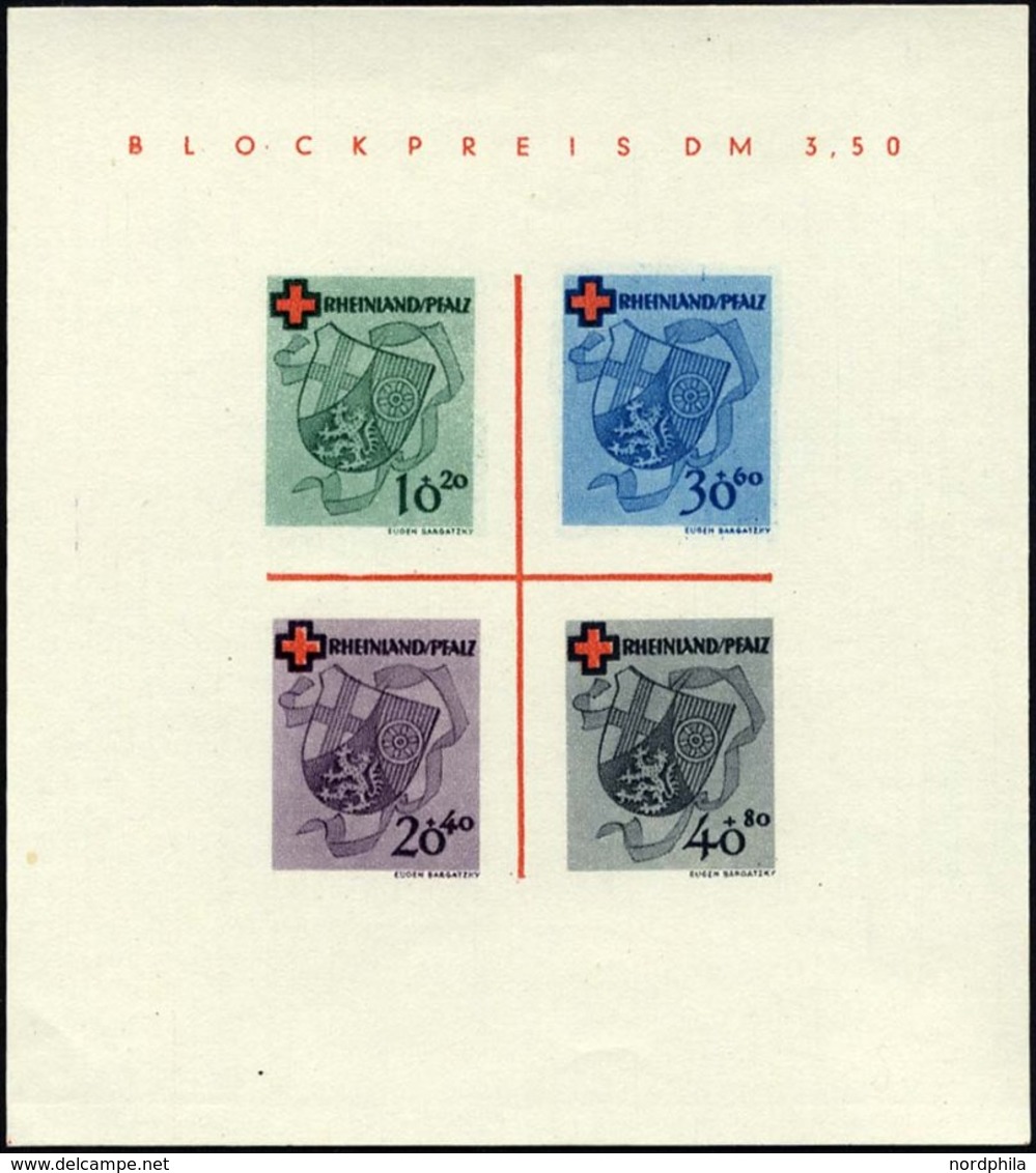 RHEINLAND PFALZ Bl. 1I/V (*), 1949, Block Rotes Kreuz, Type V: Roter Querbalken Des B In Blockpreis Verdickt, Pracht, Mi - Altri & Non Classificati
