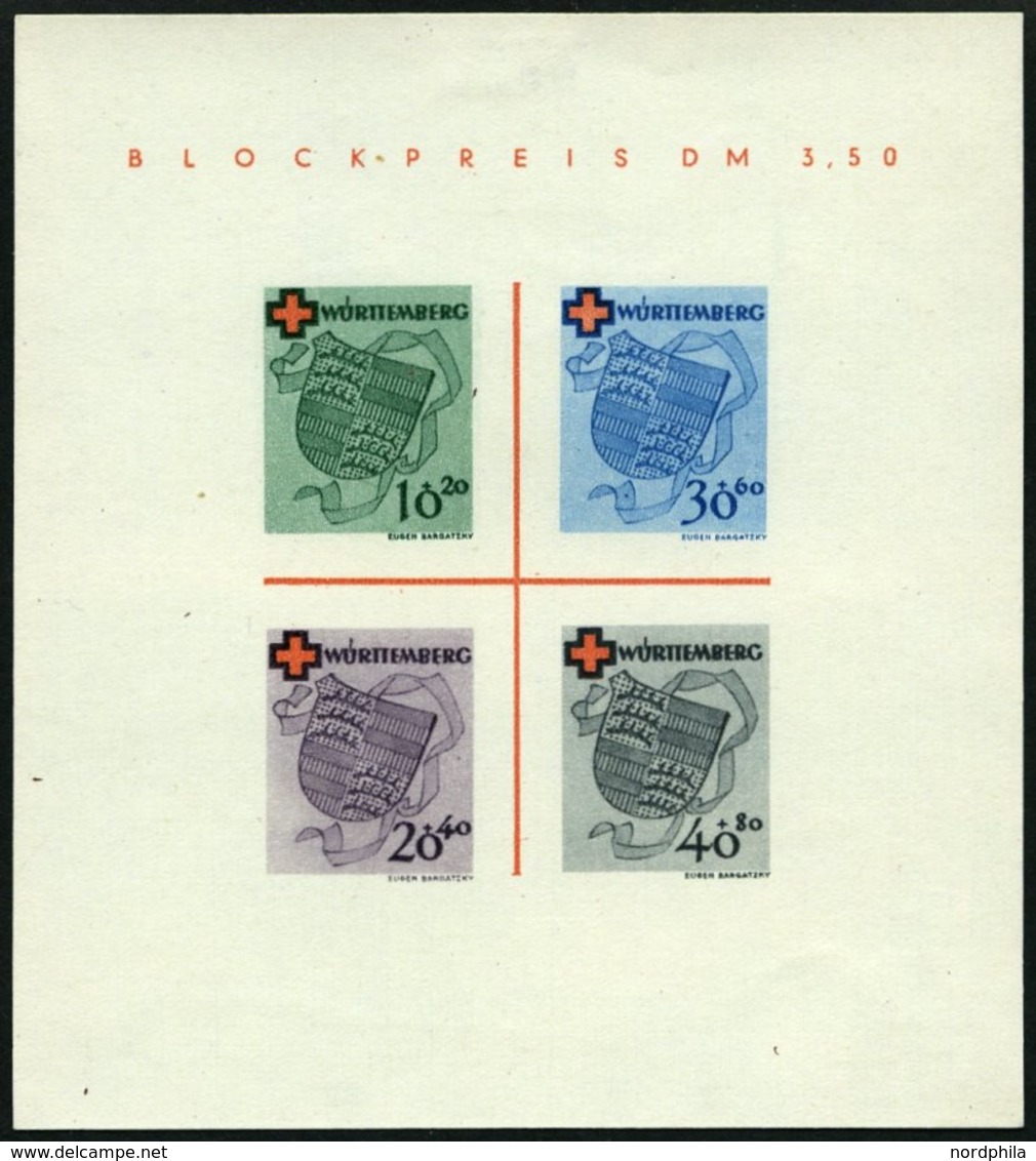 WÜRTTEMBERG Bl. 1I/V (*), 1949, Block Rotes Kreuz, Type IV: Roter Doppelpunkt Unter R In Blockpreis, Falzrest, Pracht, M - Autres & Non Classés