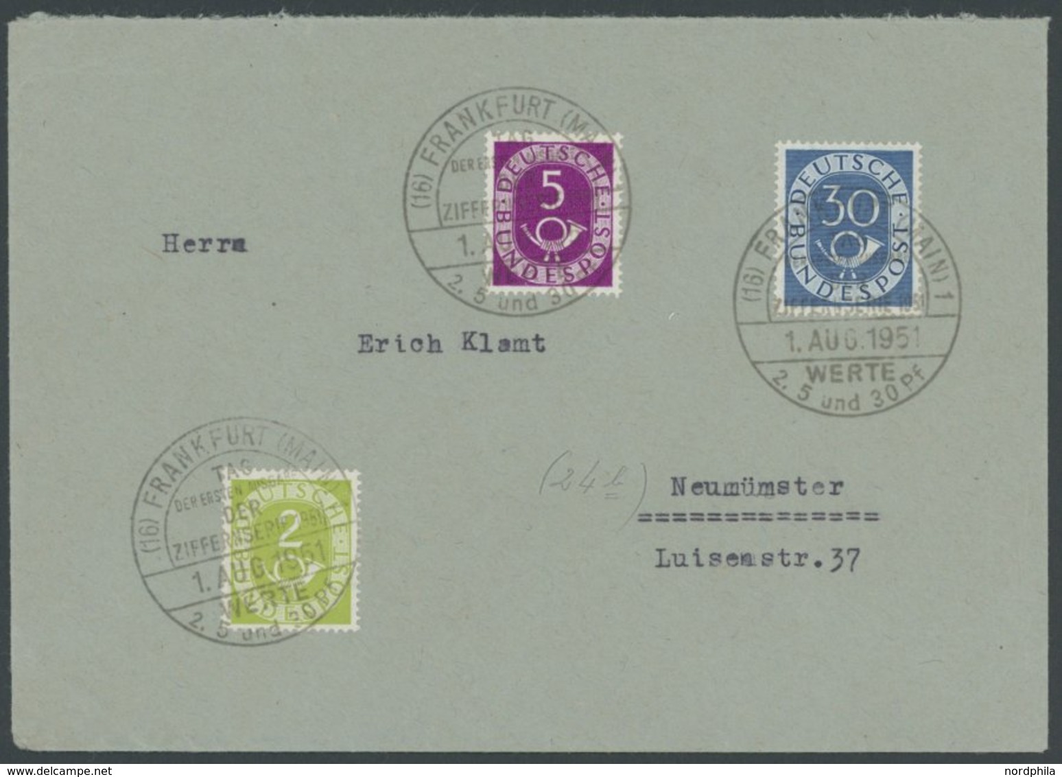 1.8.1951, 2, 5 Und 30 Pf. Posthorn Auf FDC, Pracht, Mi. 220.- -> Automatically Generated Translation: 1.8.1951, 2, 5 And - Andere & Zonder Classificatie