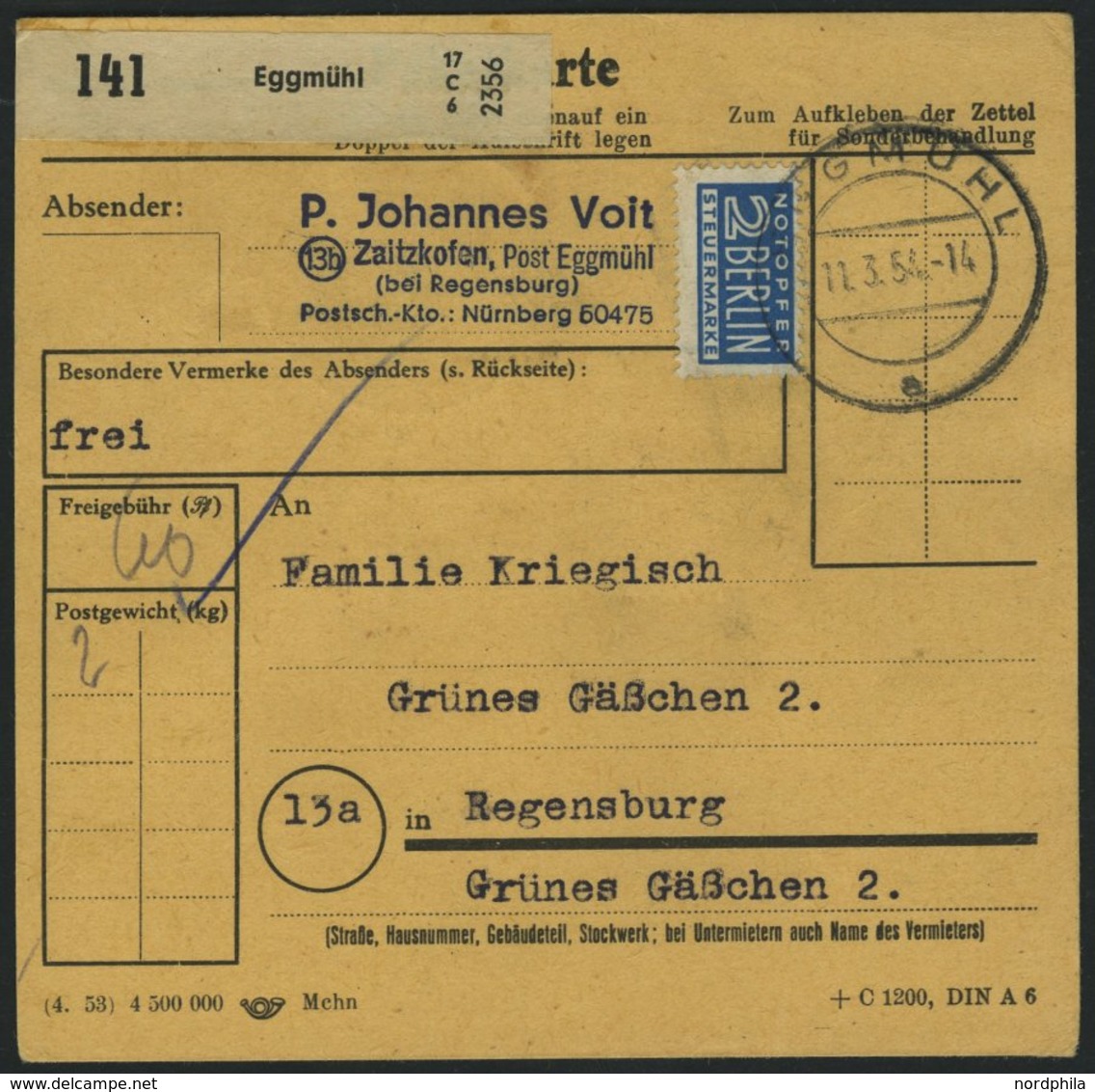 BUNDESREPUBLIK 130 Paar BRIEF, 1954, 20 Pf. Posthorn, 3x Rückseitig, Dabei Ein Waagerechtes Paar, Als Mehrfachfrankatur  - Sonstige & Ohne Zuordnung