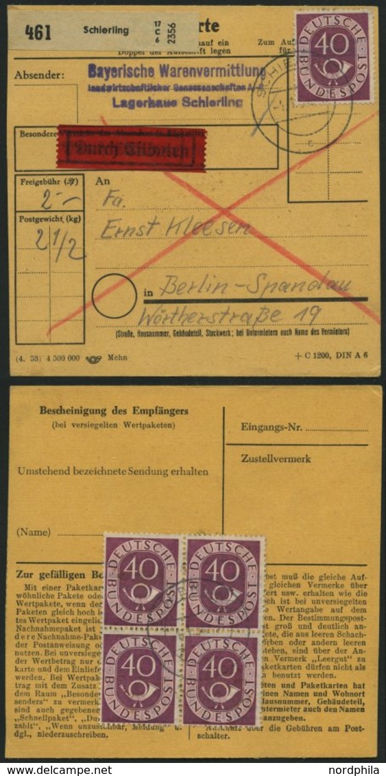 BUNDESREPUBLIK 133 VB BRIEF, 1954, 40 Pf. Posthorn Im Viererblock (leichte Zahnebenheiten) Rückseitig Auf Eil-Paketkarte - Altri & Non Classificati