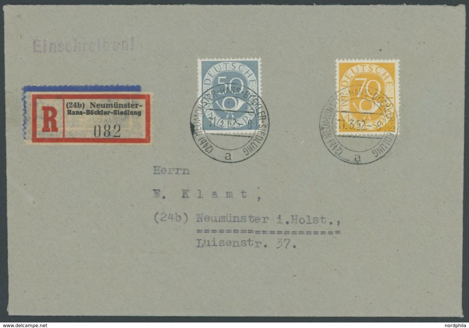 11.3.1952, 50 Und 70 Pf. Posthorn Auf FDC, Einschreibbrief Aus NEUMÜNSTER HANS-BÖCKLER-SIEDLUNG, Pracht, R!, Mi. 3200.-  - Altri & Non Classificati