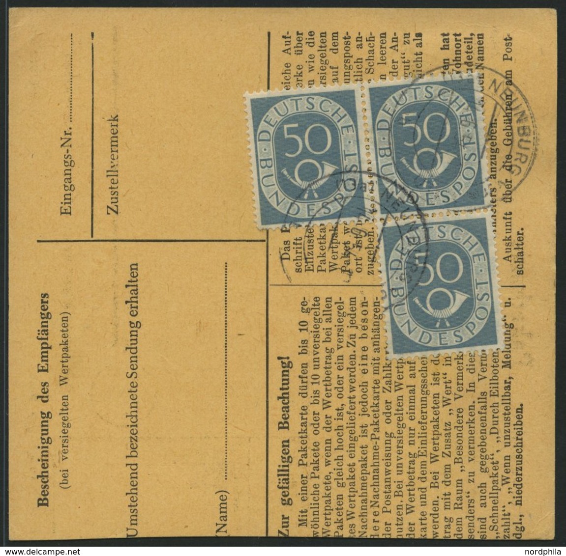 BUNDESREPUBLIK 134 Paar BRIEF, 1954, 50 Pf. Posthorn, 4x, Dabei Ein Dreierblock, Als Mehrfachfrankatur Auf Paketkarte Au - Autres & Non Classés
