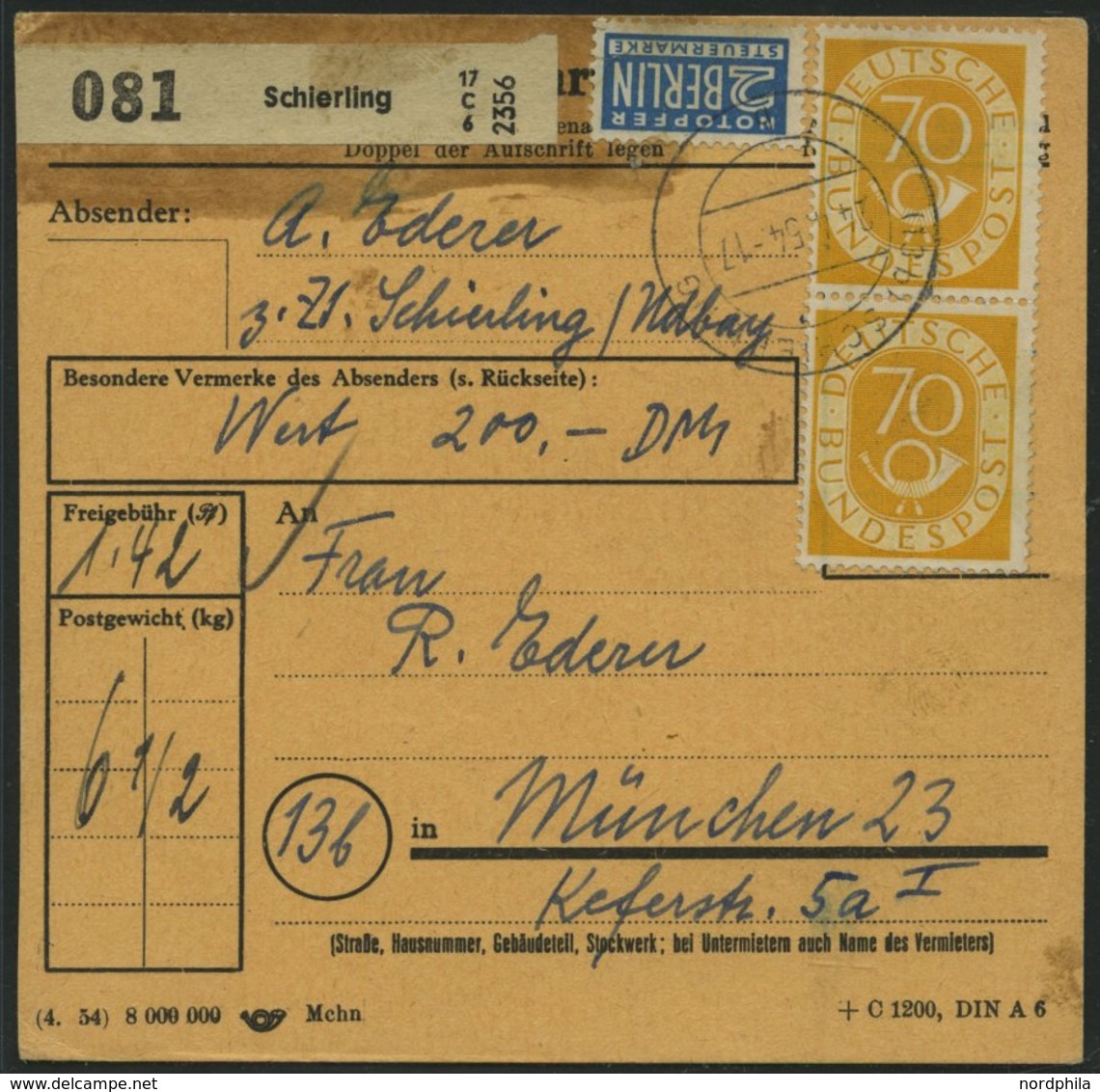 BUNDESREPUBLIK 136 Paar BRIEF, 1954, 70 Pf. Posthorn Im Senkrechten Paar Als Mehrfachfrankatur Auf Paketkarte Aus SCHIER - Sonstige & Ohne Zuordnung