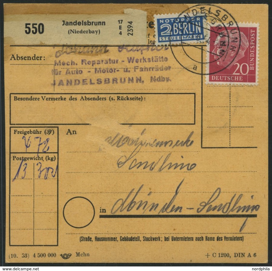 BUNDESREPUBLIK 138 BRIEF, 1954, 90 Pf. Posthorn Im Fünferblock Rückseitig Mit 20 Pf. Zusatzfrankatur Auf Paketkarte Aus  - Sonstige & Ohne Zuordnung