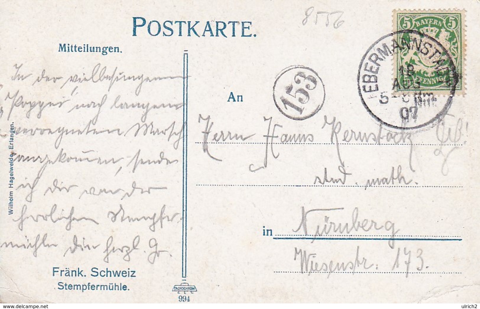 AK Stempfermühle - Fränkische Schweiz - Stempel Ebermannstadt 1907 (39561) - Forchheim