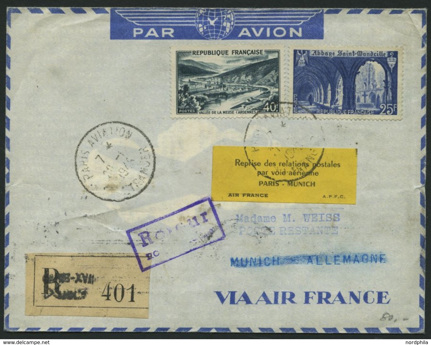 ERST-UND ERÖFFNUNGSFLÜGE 2335 BRIEF, 20.12.49, Paris-München, Franz. Frankatur, Mit Vignette, Prachtbrief - Storia Postale