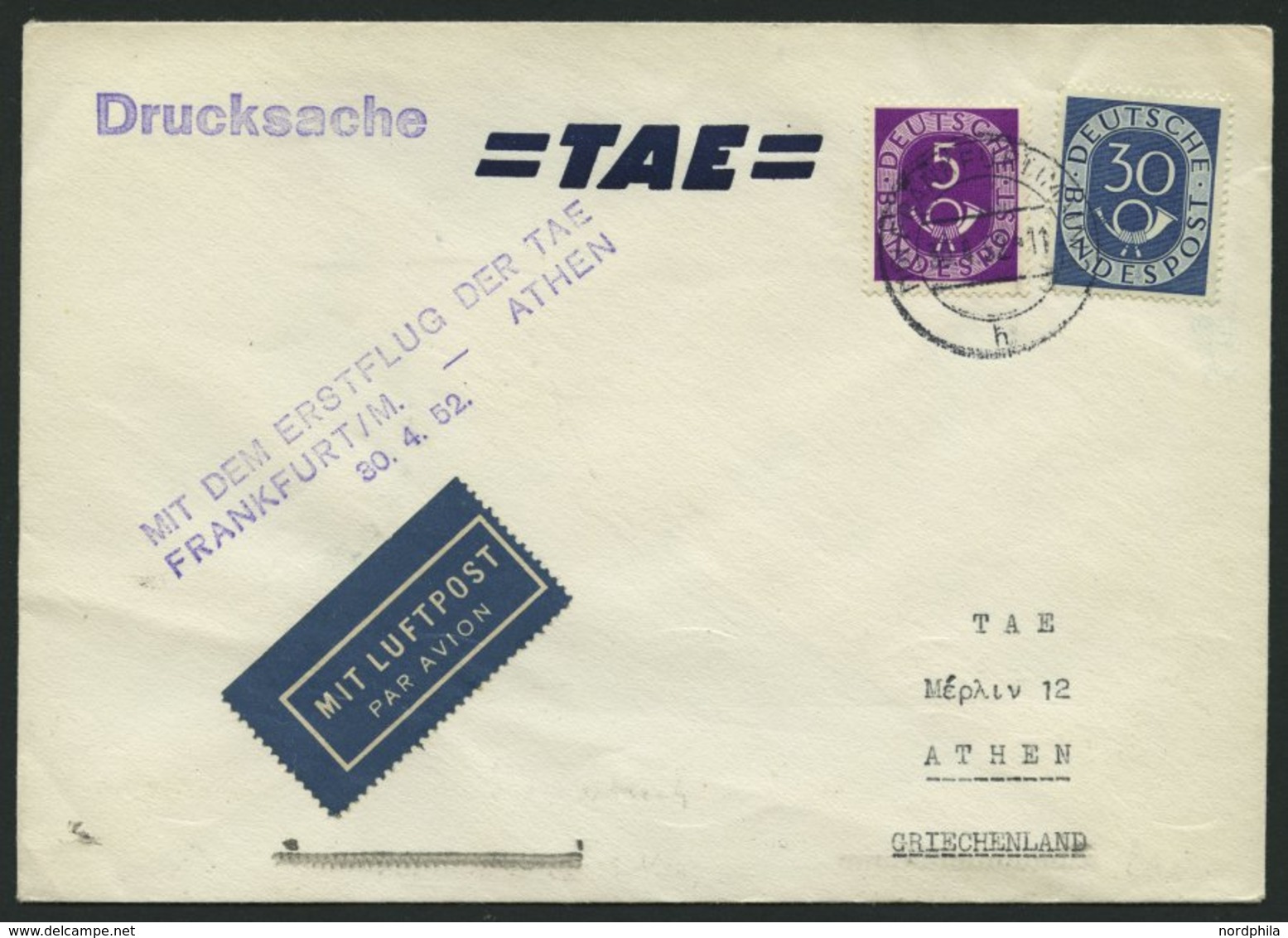 ERST-UND ERÖFFNUNGSFLÜGE 2414a BRIEF, 30.4.52, Frankfurt-Athen, Violetter L3, Prachtbrief - Storia Postale